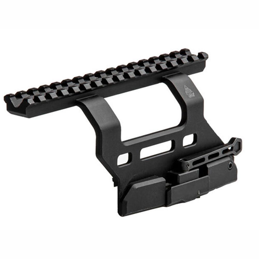 Black metal rifle scope mount with Picatinny rail