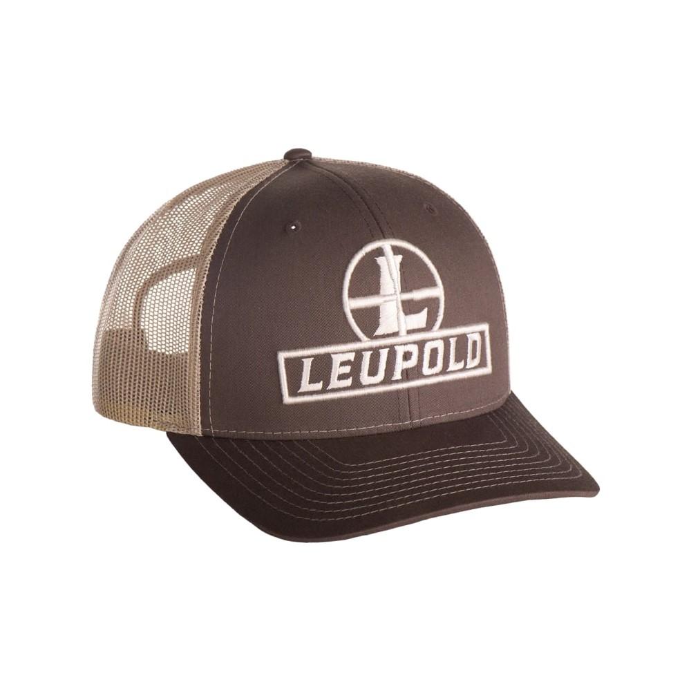 Brown and tan Leupold trucker hat