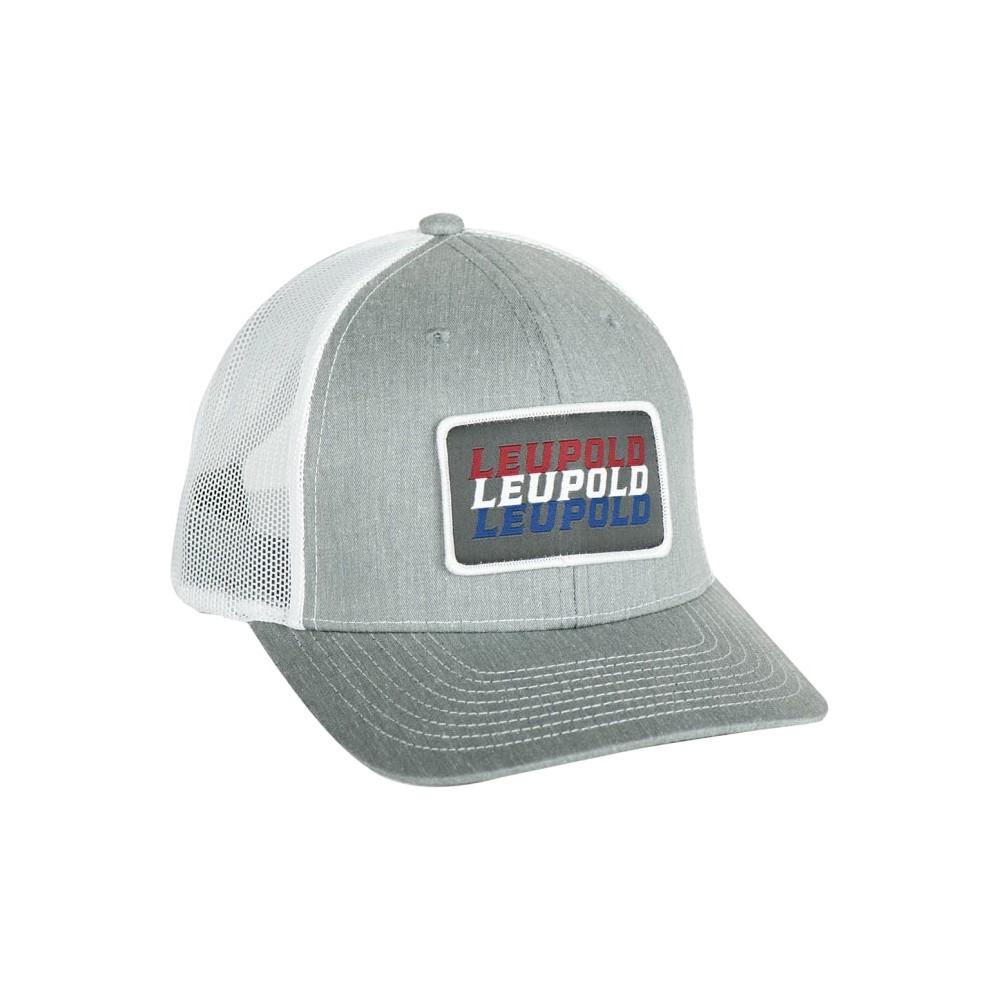 Gray and white Leupold mesh trucker hat
