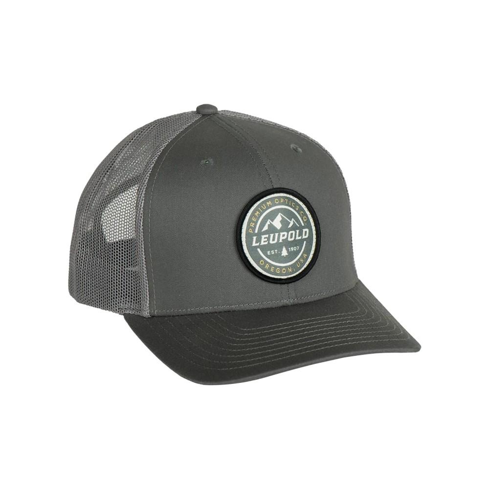 Gray Leupold mesh trucker hat with logo patch