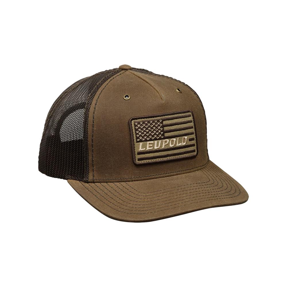 Brown trucker hat with American flag patch