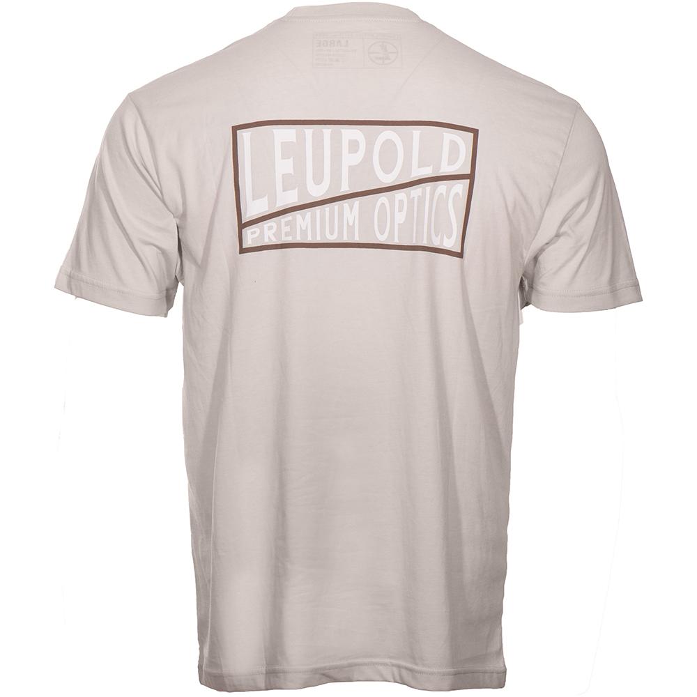 Back of beige Leupold Premium Optics T-shirt