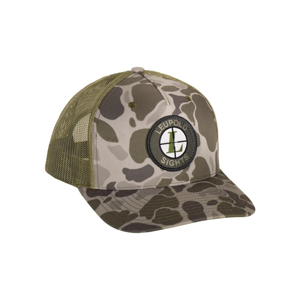 Camouflage trucker hat with Leupold logo patch