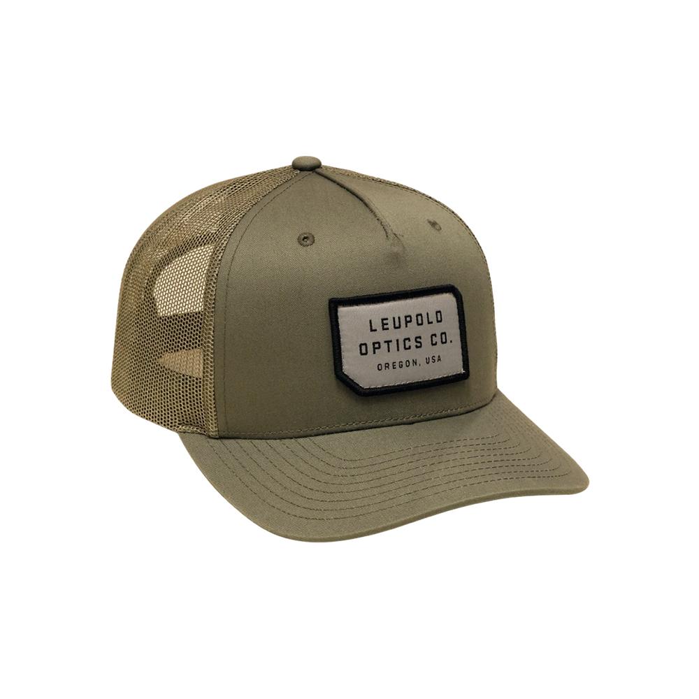 Olive green mesh-back trucker hat with logo patch