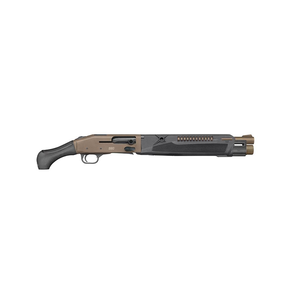 Short-barreled pump-action shotgun on white background