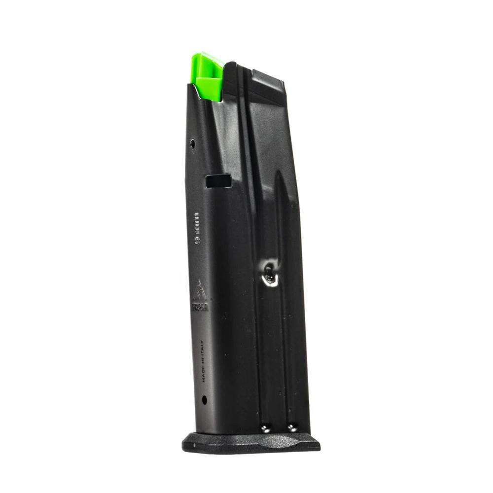 Black magazine with green tip for firearms.