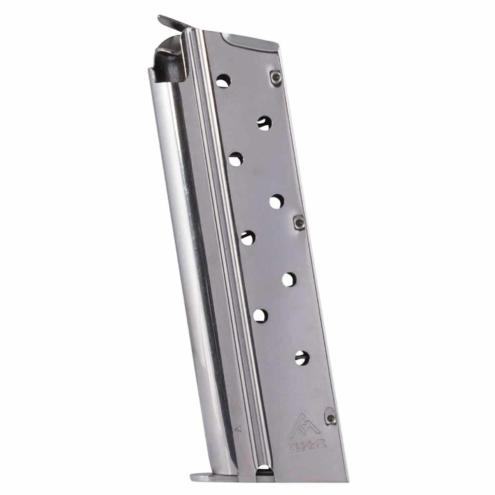 Metal handgun magazine on white background