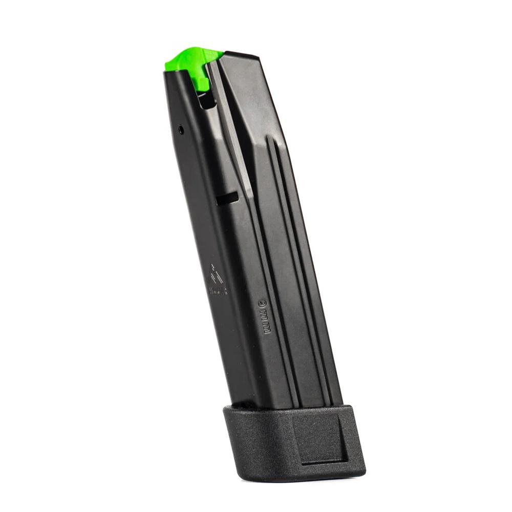 Black magazine with green tip for firearm.