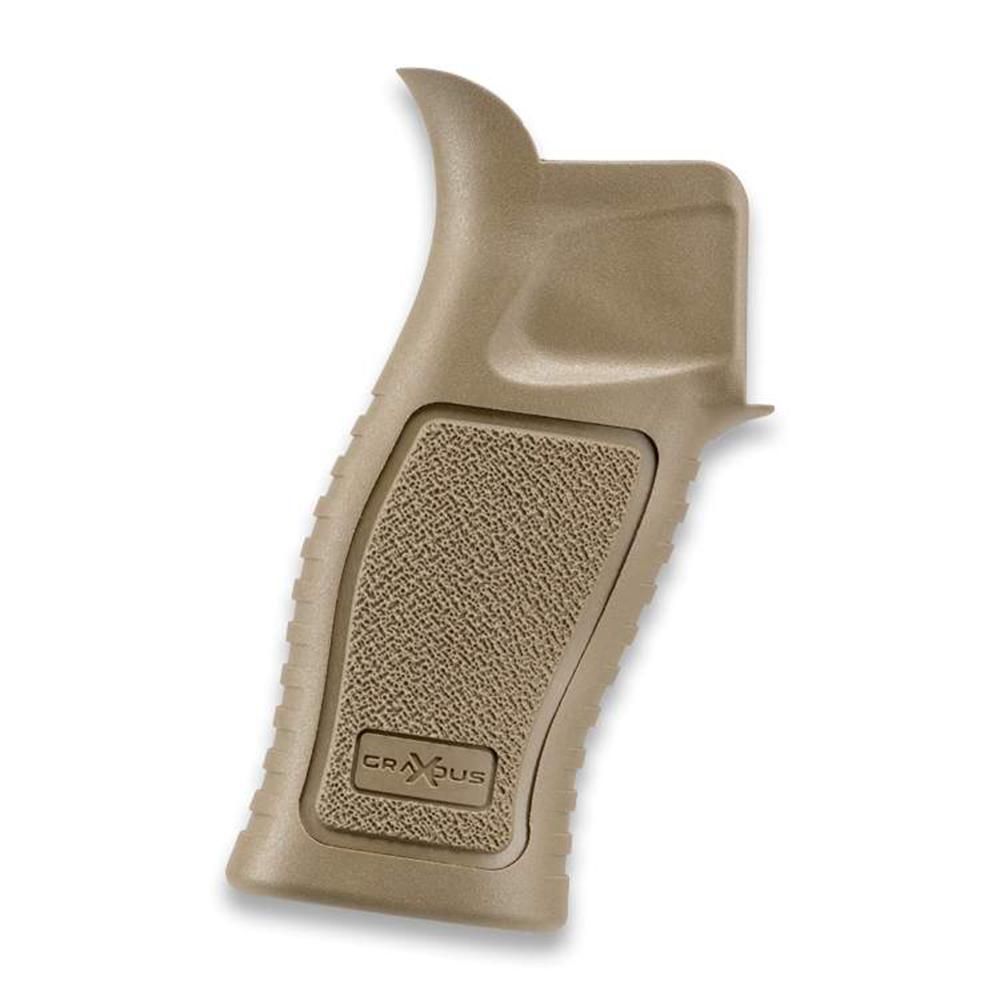 Ergonomic gun grip in tan color.