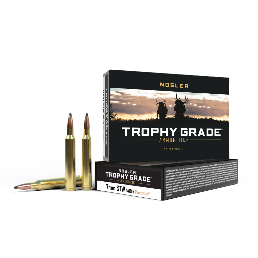 Nosler Trophy Grade 7mm STW ammunition box and cartridges