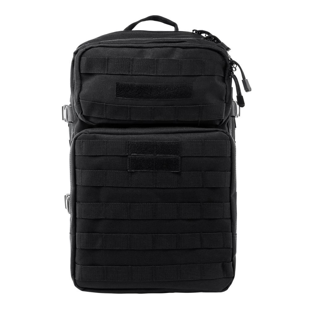 Black tactical backpack with MOLLE webbing