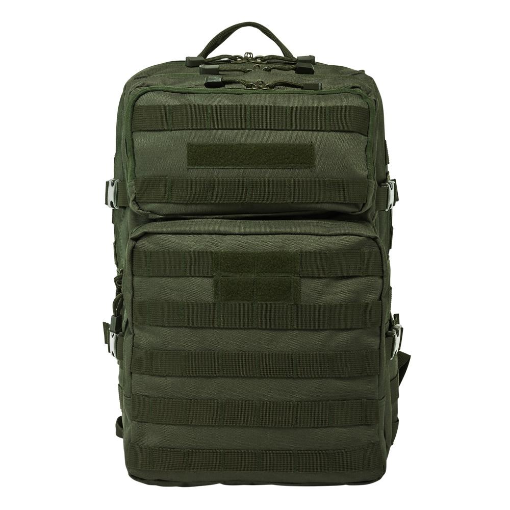 Olive green tactical backpack with MOLLE webbing