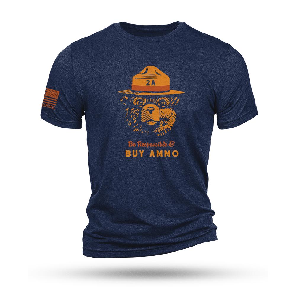 Navy T-shirt with bear and Buy Ammo slogan
