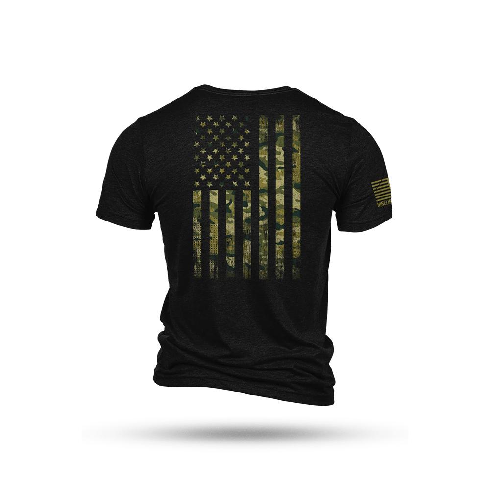 Black t-shirt with camo American flag design.