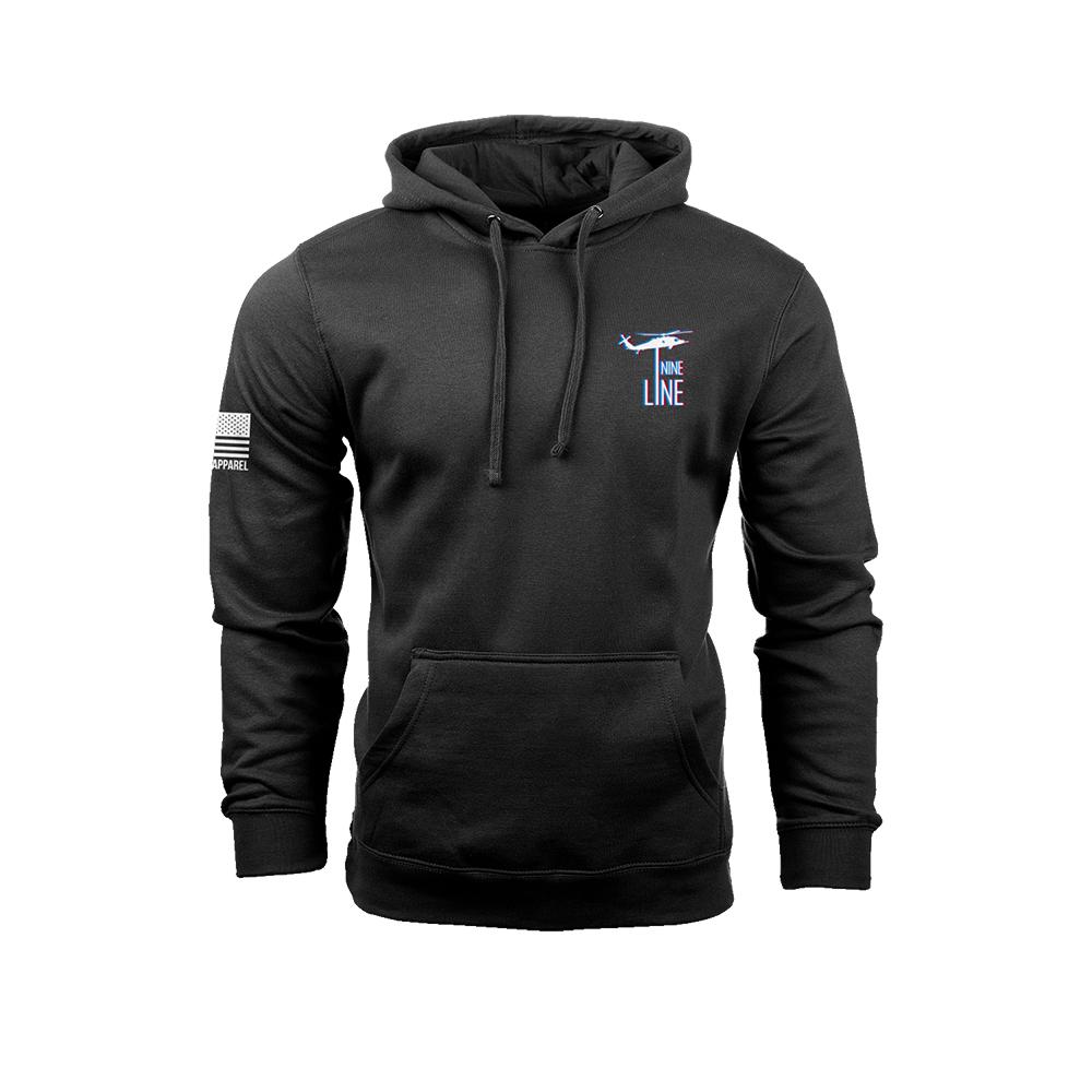 Black hoodie with airplane graphic and flag patch