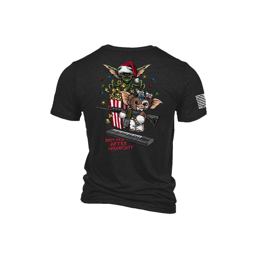 Black T-shirt with Gremlins Christmas graphic design