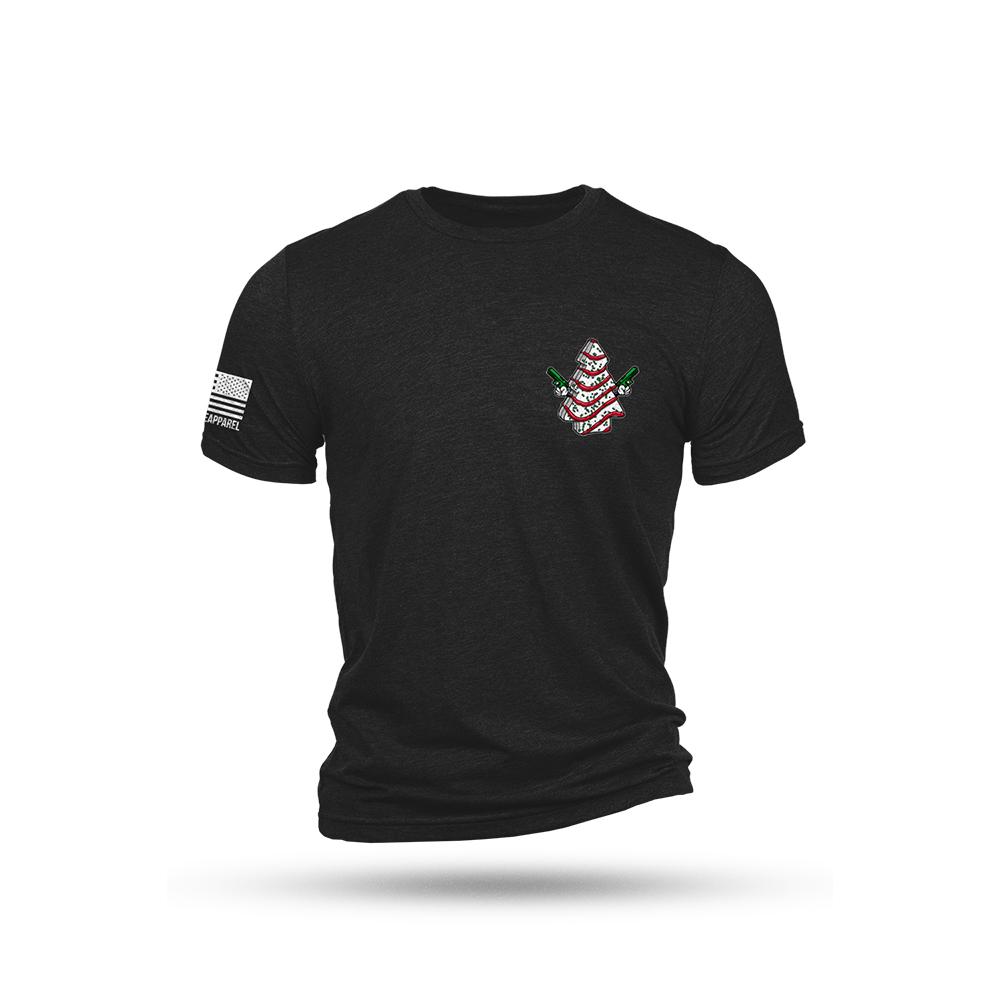 Black T-shirt with festive tree graphic