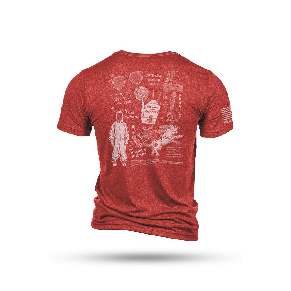 Red graphic T-shirt with Christmas movie illustrations
