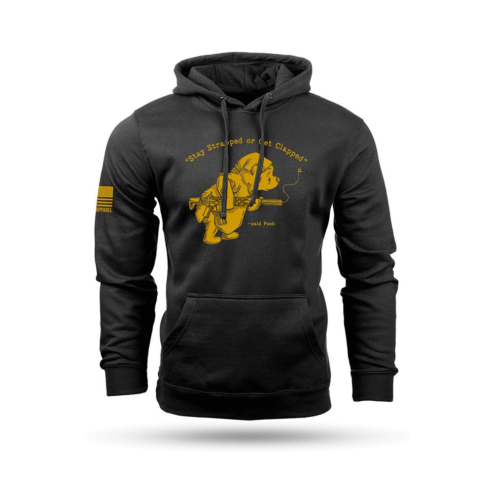 Black hoodie with Pooh holding rifle graphic