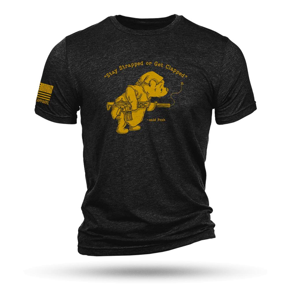 Black T-shirt with Pooh holding rifle graphic