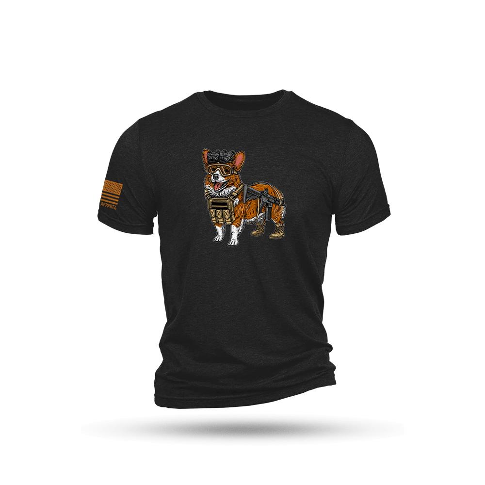 Black T-shirt with tactical corgi illustration