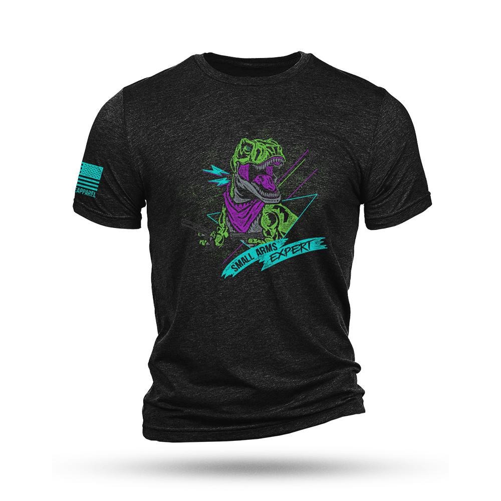 Black T-shirt with neon T-Rex graphic design