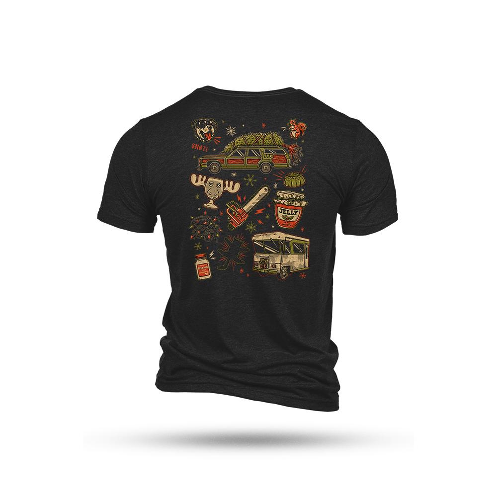 Black T-shirt with colorful retro camping illustrations