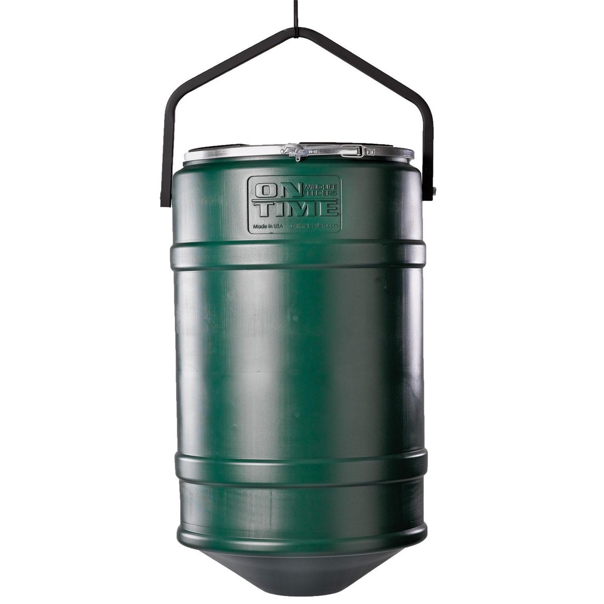 Hanging green feeder barrel for outdoor use.