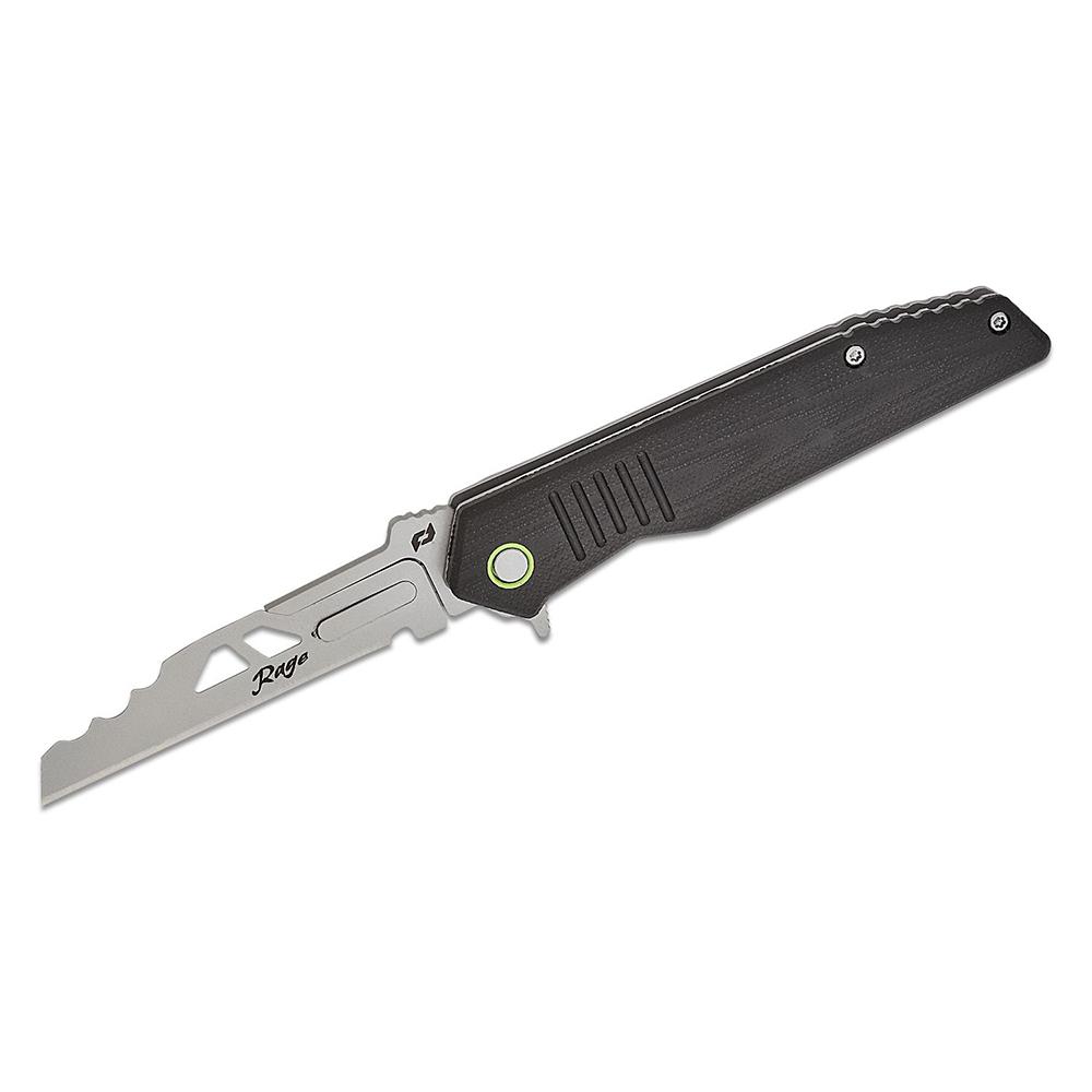 Black folding knife with partially serrated blade