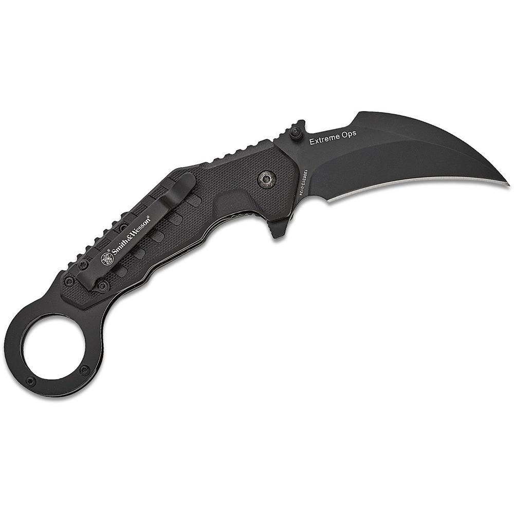 Black folding karambit knife with curved blade