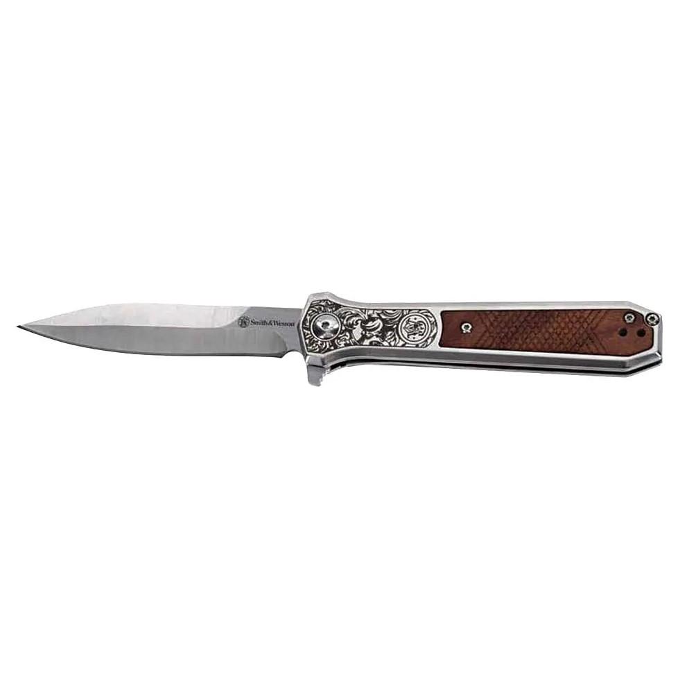 Engraved folding knife with wooden handle inlay