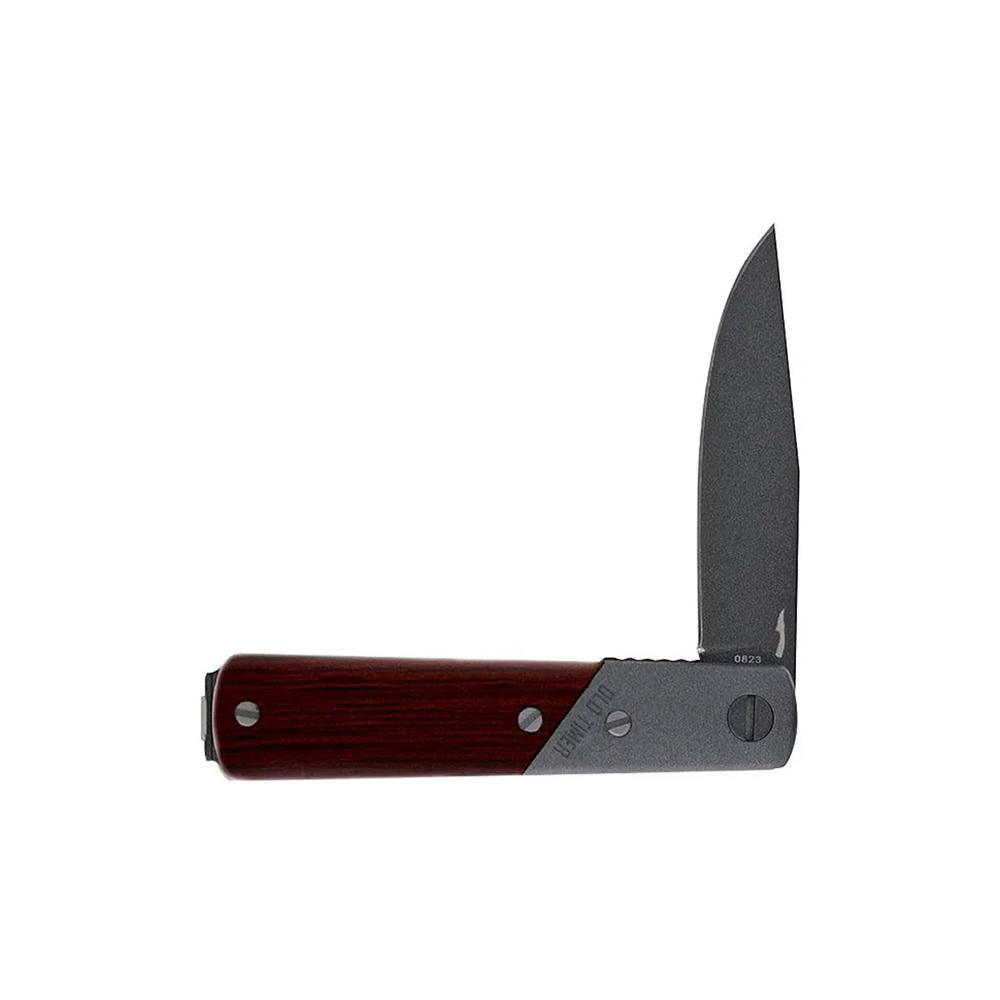 Open folding pocket knife with wooden handle