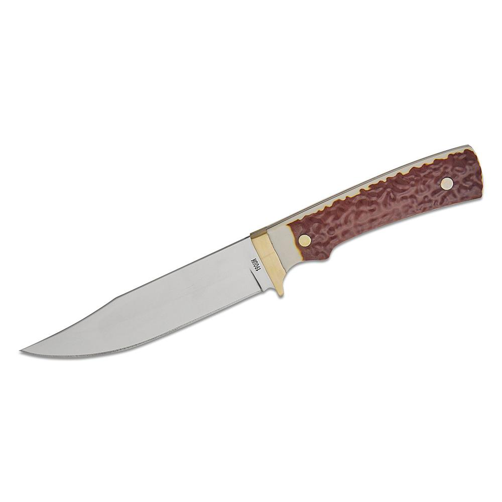 Fixed-blade knife with textured brown handle