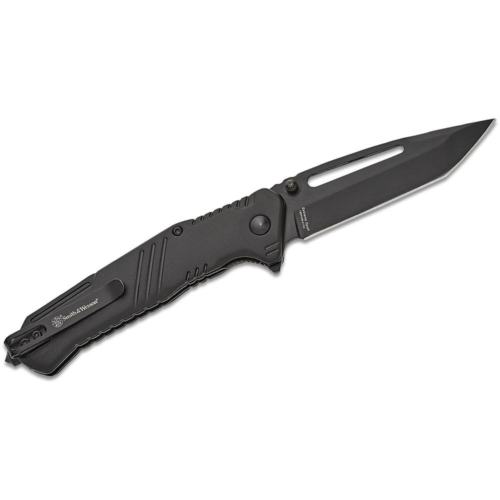 Black folding pocket knife on white background