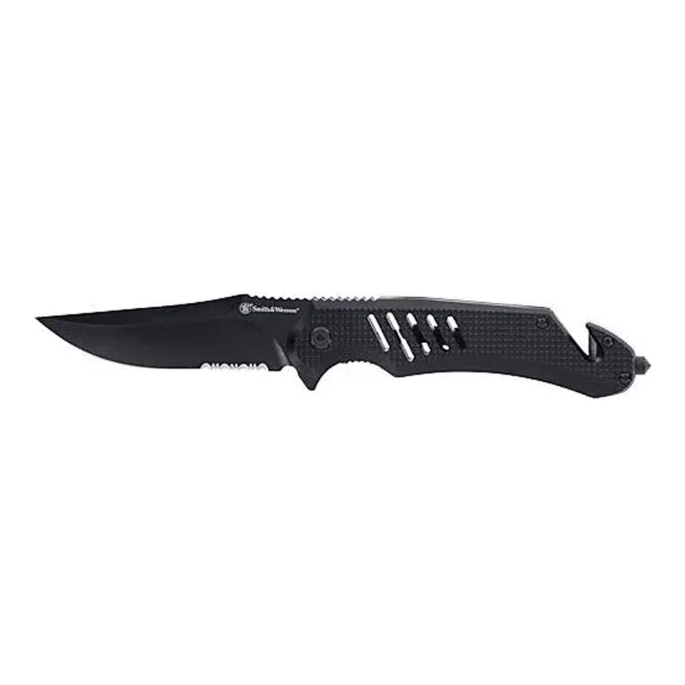 Black folding tactical knife with serrated blade