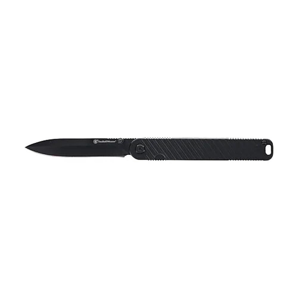 Black folding pocket knife on white background
