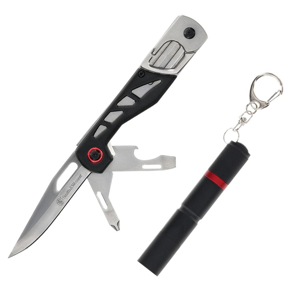 Folding multi-tool knife and small keychain flashlight