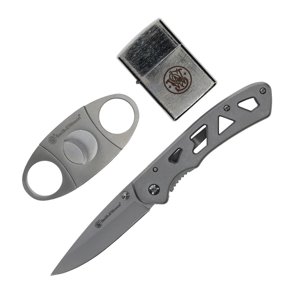 Folding knife, cigar cutter, and metal lighter