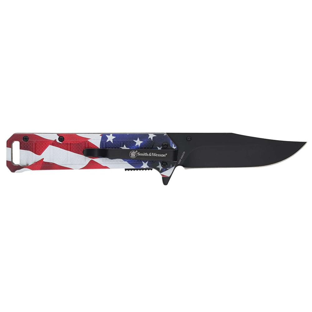 American flag folding knife with black blade