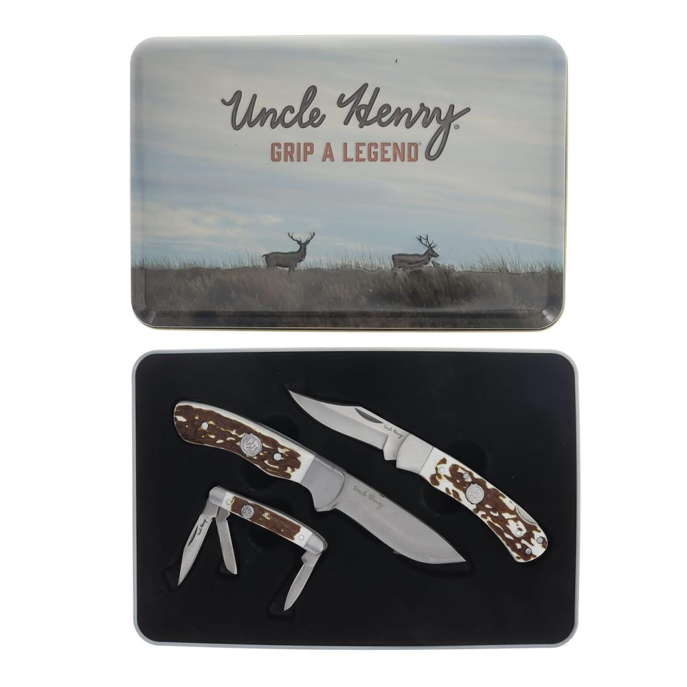 Uncle Henry knife set with deer artwork tin