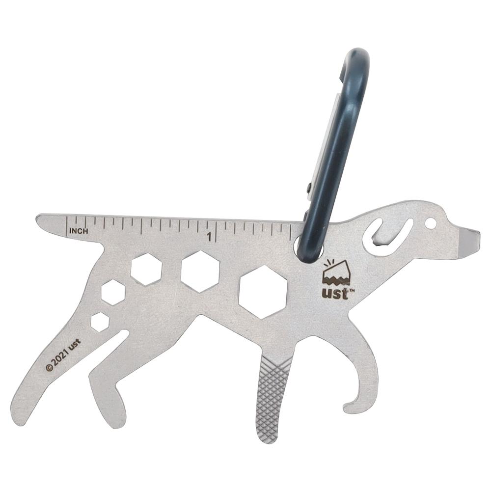 Dog-shaped stainless steel multi-tool with carabiner
