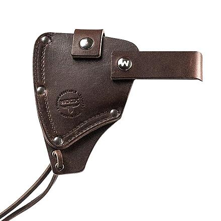 Brown leather axe head sheath with strap