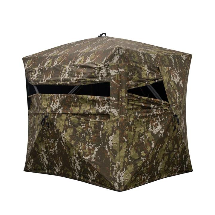 Camouflage hunting blind with open windows.