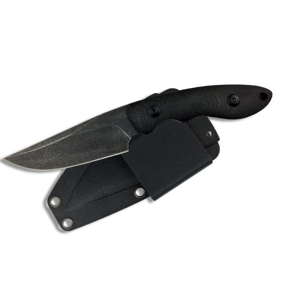 Fixed-blade knife with black handle and sheath