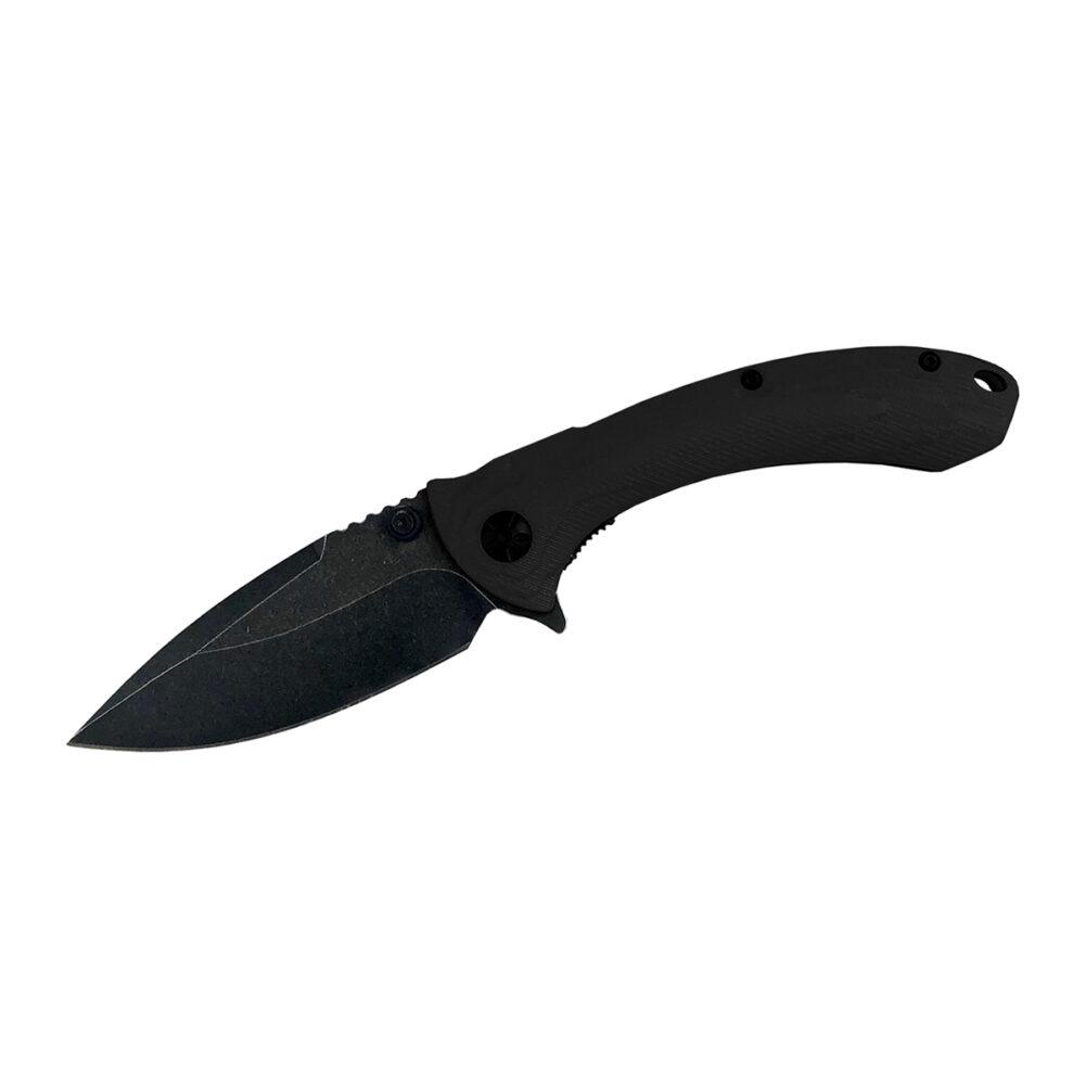 Black folding pocket knife on white background