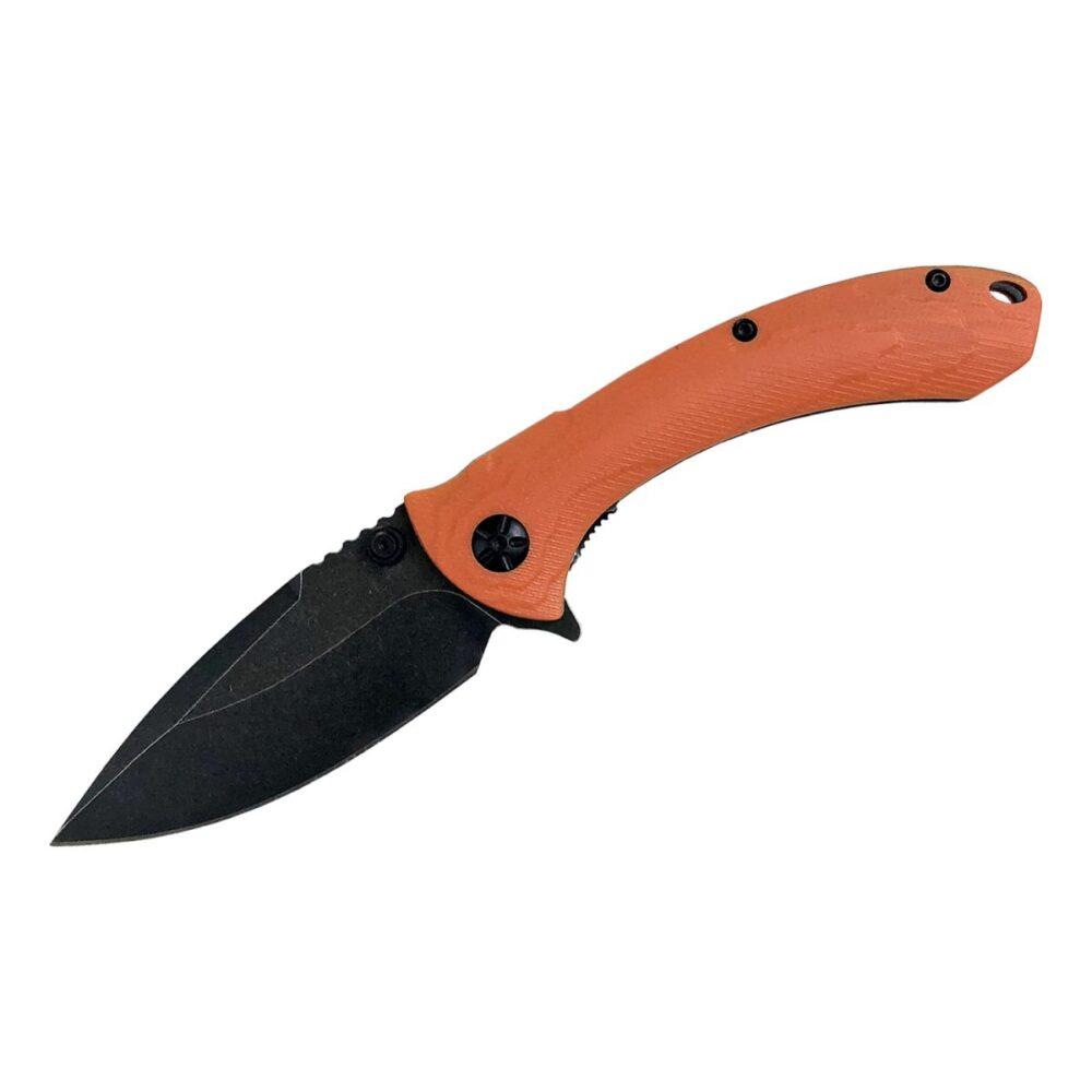 Black folding knife with orange handle