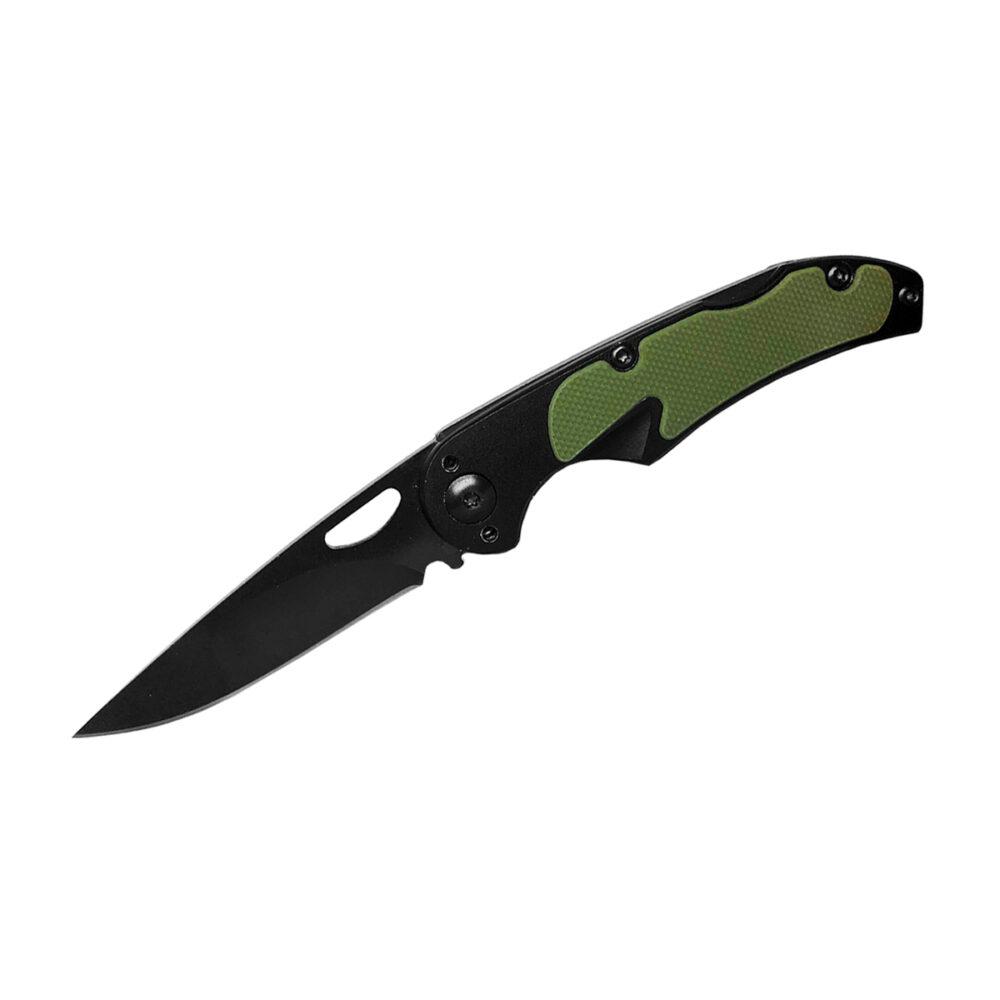 Black folding pocket knife with green handle