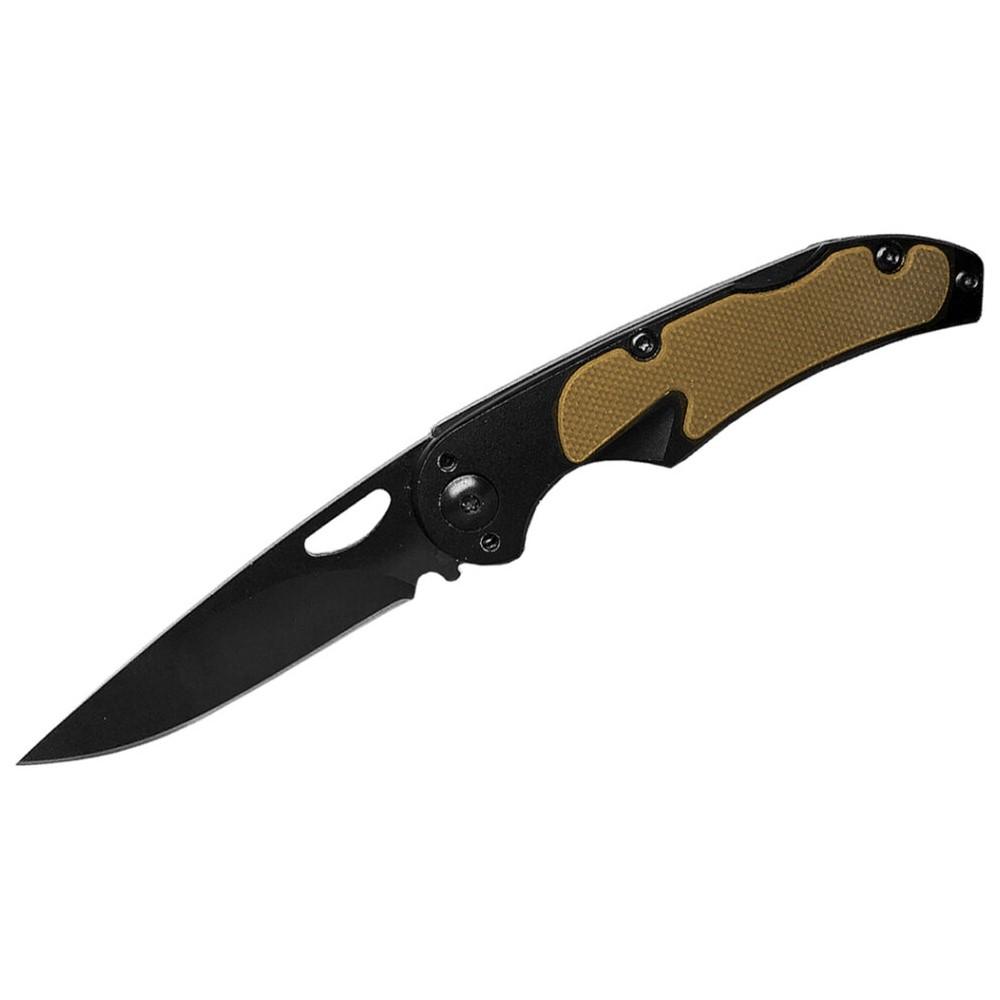 Black folding pocket knife with tan handle