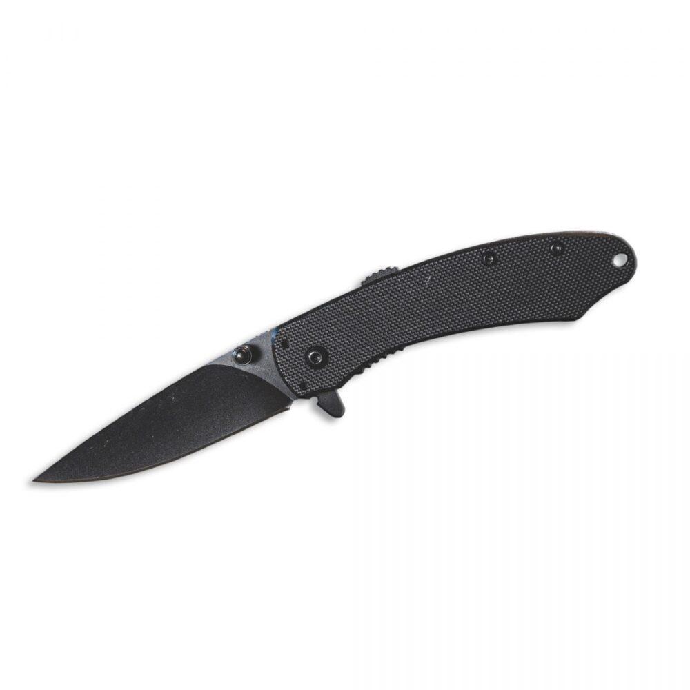 Black folding pocket knife on white background