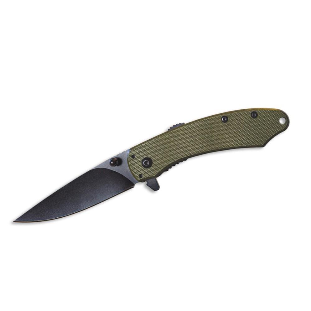 Green handled folding pocket knife with black blade